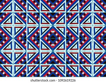 	
Tribal vector ornament. Seamless African pattern. Ethnic carpet with chevrons. Aztec style. Geometric mosaic on the tile, majolica. Ancient interior. Modern rug. Geo print on textile. Vintage fabric