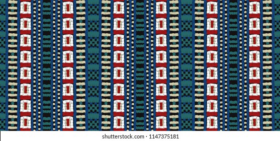 Tribal vector ornament. Seamless African pattern. Ethnic carpet with chevrons. Aztec style. Geometric mosaic on the tile, majolica. Ancient interior. Modern rug. Geo print on textile. Kente Cloth.