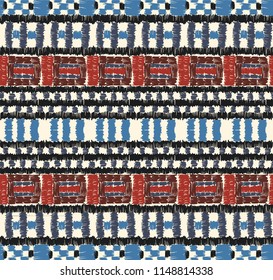 Tribal vector ornament. Seamless African pattern. Ethnic carpet with chevrons. Aztec style. Geometric mosaic on the tile, majolica. Ancient interior. Modern rug. Geo print on textile. Kente Cloth.