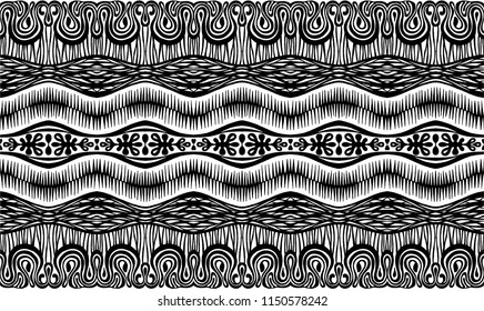 Tribal vector ornament. Seamless African pattern. Ethnic carpet with chevrons and strips. Aztec style. Geometric striped pattern. Ancient interior. Modern rug. Geo print on textile. Vintage fabric.  