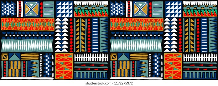 Tribal vector ornament. Seamless African pattern. Ethnic carpet with chevrons. Aztec style. Geometric mosaic on the tile, majolica. Ancient interior. Modern rug. Geo print on textile. Kente Cloth.