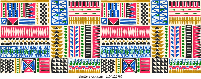 Tribal vector ornament. Seamless African pattern. Ethnic carpet with chevrons. Aztec style. Geometric mosaic on the tile, majolica. Ancient interior. Modern rug. Geo print on textile. Kente Cloth.