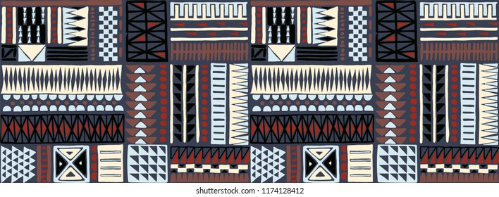 Tribal vector ornament. Seamless African pattern. Ethnic carpet with chevrons. Aztec style. Geometric mosaic on the tile, majolica. Ancient interior. Modern rug. Geo print on textile. Kente Cloth.