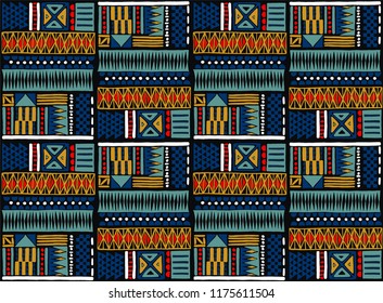 Tribal vector ornament. Seamless African pattern. Ethnic carpet with chevrons. Aztec style. Geometric mosaic on the tile, majolica. Ancient interior. Modern rug. Geo print on textile. Kente Cloth.