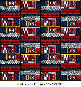 Tribal vector ornament. Seamless African pattern. Ethnic carpet with chevrons. Aztec style. Geometric mosaic on the tile, majolica. Ancient interior. Modern rug. Geo print on textile. Kente Cloth.