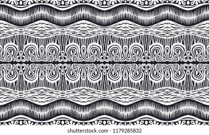 Tribal vector ornament. Seamless African pattern. Ethnic carpet with chevrons and strips. Aztec style. Geometric striped pattern. Ancient interior. Modern rug. Geo print on textile. Vintage fabric.  