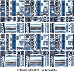 Tribal vector ornament. Seamless African pattern. Ethnic carpet with chevrons. Aztec style. Geometric mosaic on the tile, majolica. Ancient interior. Modern rug. Geo print on textile. Kente Cloth.