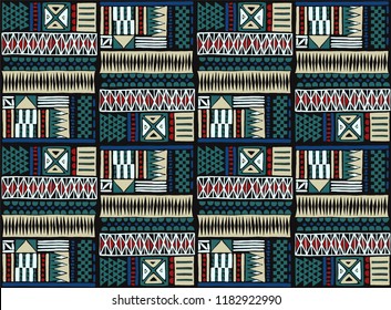 Tribal vector ornament. Seamless African pattern. Ethnic carpet with chevrons. Aztec style. Geometric mosaic on the tile, majolica. Ancient interior. Modern rug. Geo print on textile. Kente Cloth.
