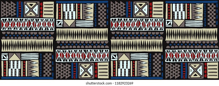 Tribal vector ornament. Seamless African pattern. Ethnic carpet with chevrons. Aztec style. Geometric mosaic on the tile, majolica. Ancient interior. Modern rug. Geo print on textile. Kente Cloth.
