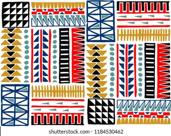 Tribal vector ornament. Seamless African pattern. Ethnic carpet with chevrons. Aztec style. Geometric mosaic on the tile, majolica. Ancient interior. Modern rug. Geo print on textile. Kente Cloth.