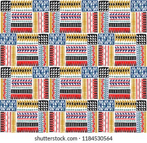 Tribal vector ornament. Seamless African pattern. Ethnic carpet with chevrons. Aztec style. Geometric mosaic on the tile, majolica. Ancient interior. Modern rug. Geo print on textile. Kente Cloth.