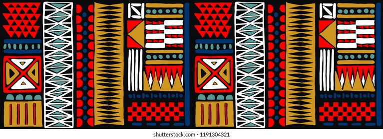 Tribal vector ornament. Seamless African pattern. Ethnic carpet with chevrons. Aztec style. Geometric mosaic on the tile, majolica. Ancient interior. Modern rug. Geo print on textile. Kente Cloth.