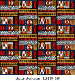 Tribal vector ornament. Seamless African pattern. Ethnic carpet with chevrons. Aztec style. Geometric mosaic on the tile, majolica. Ancient interior. Modern rug. Geo print on textile. Kente Cloth.