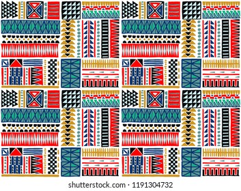 Tribal vector ornament. Seamless African pattern. Ethnic carpet with chevrons. Aztec style. Geometric mosaic on the tile, majolica. Ancient interior. Modern rug. Geo print on textile. Kente Cloth.