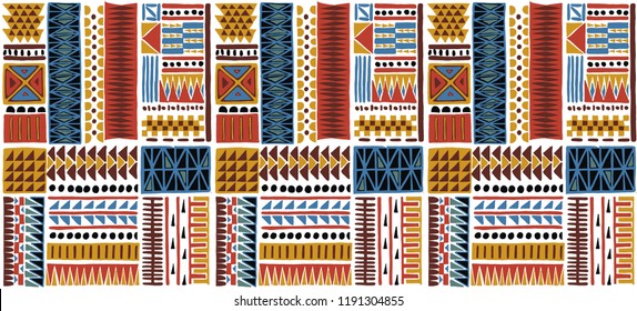 Tribal vector ornament. Seamless African pattern. Ethnic carpet with chevrons. Aztec style. Geometric mosaic on the tile, majolica. Ancient interior. Modern rug. Geo print on textile. Kente Cloth.