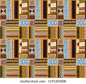 Tribal vector ornament. Seamless African pattern. Ethnic carpet with chevrons. Aztec style. Geometric mosaic on the tile, majolica. Ancient interior. Modern rug. Geo print on textile. Kente Cloth.