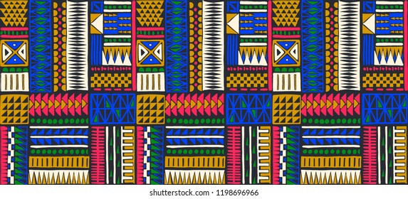 Tribal vector ornament. Seamless African pattern. Ethnic carpet with chevrons. Aztec style. Geometric mosaic on the tile, majolica. Ancient interior. Modern rug. Geo print on textile. Kente Cloth.