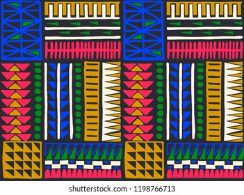 Tribal vector ornament. Seamless African pattern. Ethnic carpet with chevrons. Aztec style. Geometric mosaic on the tile, majolica. Ancient interior. Modern rug. Geo print on textile. Kente Cloth.