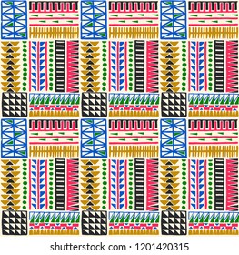 Tribal vector ornament. Seamless African pattern. Ethnic carpet with chevrons. Aztec style. Geometric mosaic on the tile, majolica. Ancient interior. Modern rug. Geo print on textile. Kente Cloth.