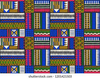 Tribal vector ornament. Seamless African pattern. Ethnic carpet with chevrons. Aztec style. Geometric mosaic on the tile, majolica. Ancient interior. Modern rug. Geo print on textile. Kente Cloth.