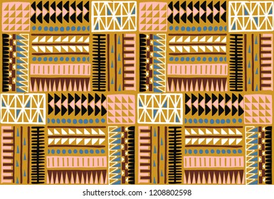 Tribal vector ornament. Seamless African pattern. Ethnic carpet with chevrons. Aztec style. Geometric mosaic on the tile, majolica. Ancient interior. Modern rug. Geo print on textile. Kente Cloth.