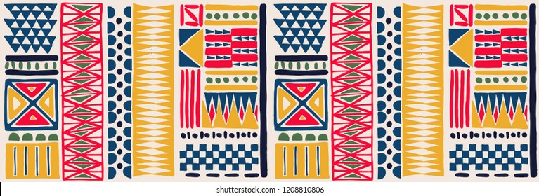 Tribal vector ornament. Seamless African pattern. Ethnic carpet with chevrons. Aztec style. Geometric mosaic on the tile, majolica. Ancient interior. Modern rug. Geo print on textile. Kente Cloth.