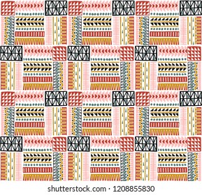 Tribal vector ornament. Seamless African pattern. Ethnic carpet with chevrons. Aztec style. Geometric mosaic on the tile, majolica. Ancient interior. Modern rug. Geo print on textile. Kente Cloth.