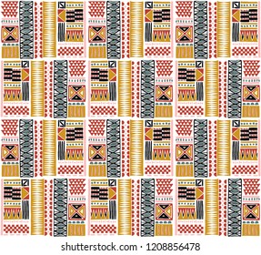 Tribal vector ornament. Seamless African pattern. Ethnic carpet with chevrons. Aztec style. Geometric mosaic on the tile, majolica. Ancient interior. Modern rug. Geo print on textile. Kente Cloth.