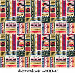 Tribal vector ornament. Seamless African pattern. Ethnic carpet with chevrons. Aztec style. Geometric mosaic on the tile, majolica. Ancient interior. Modern rug. Geo print on textile. Kente Cloth.