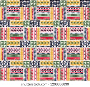 Tribal vector ornament. Seamless African pattern. Ethnic carpet with chevrons. Aztec style. Geometric mosaic on the tile, majolica. Ancient interior. Modern rug. Geo print on textile. Kente Cloth.