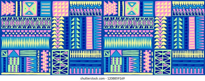 Tribal vector ornament. Seamless African pattern. Ethnic carpet with chevrons. Aztec style. Geometric mosaic on the tile, majolica. Ancient interior. Modern rug. Geo print on textile. Kente Cloth.