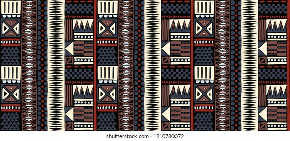 Tribal vector ornament. Seamless African pattern. Ethnic carpet with chevrons. Aztec style. Geometric mosaic on the tile, majolica. Ancient interior. Modern rug. Geo print on textile. Kente Cloth.
