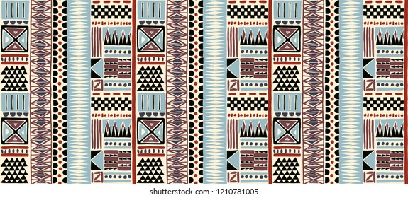 Tribal vector ornament. Seamless African pattern. Ethnic carpet with chevrons. Aztec style. Geometric mosaic on the tile, majolica. Ancient interior. Modern rug. Geo print on textile. Kente Cloth.