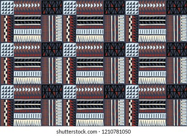 Tribal vector ornament. Seamless African pattern. Ethnic carpet with chevrons. Aztec style. Geometric mosaic on the tile, majolica. Ancient interior. Modern rug. Geo print on textile. Kente Cloth.