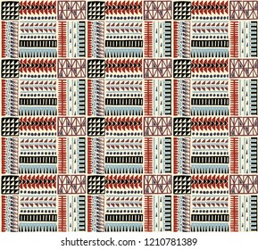 Tribal vector ornament. Seamless African pattern. Ethnic carpet with chevrons. Aztec style. Geometric mosaic on the tile, majolica. Ancient interior. Modern rug. Geo print on textile. Kente Cloth.