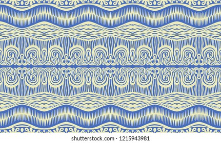 Tribal vector ornament. Seamless African pattern. Ethnic carpet with chevrons and strips. Aztec style. Geometric striped pattern. Ancient interior. Modern rug. Geo print on textile. Vintage fabric.  