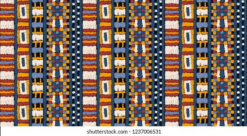 Tribal vector ornament. Seamless African pattern. Ethnic carpet with chevrons. Aztec style. Geometric mosaic on the tile, majolica. Ancient interior. Modern rug. Geo print on textile. Kente Cloth.