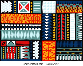 Tribal vector ornament. Seamless African pattern. Ethnic carpet with chevrons. Aztec style. Geometric mosaic on the tile, majolica. Ancient interior. Modern rug. Geo print on textile. Kente Cloth.