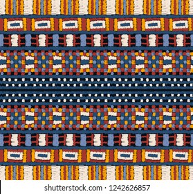 Tribal vector ornament. Seamless African pattern. Ethnic carpet with chevrons. Aztec style. Geometric mosaic on the tile, majolica. Ancient interior. Modern rug. Geo print on textile. Kente Cloth.