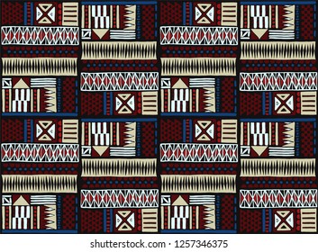 Tribal vector ornament. Seamless African pattern. Ethnic carpet with chevrons. Aztec style. Geometric mosaic on the tile, majolica. Ancient interior. Modern rug. Geo print on textile. Kente Cloth.