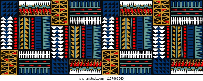 Tribal vector ornament. Seamless African pattern. Ethnic carpet with chevrons. Aztec style. Geometric mosaic on the tile, majolica. Ancient interior. Modern rug. Geo print on textile. Kente Cloth.