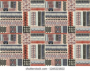 Tribal vector ornament. Seamless African pattern. Ethnic carpet with chevrons. Aztec style. Geometric mosaic on the tile, majolica. Ancient interior. Modern rug. Geo print on textile. Kente Cloth.