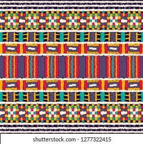 Tribal vector ornament. Seamless African pattern. Ethnic carpet with chevrons. Aztec style. Geometric mosaic on the tile, majolica. Ancient interior. Modern rug. Geo print on textile. Kente Cloth.