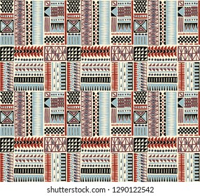 Tribal vector ornament. Seamless African pattern. Ethnic carpet with chevrons. Aztec style. Geometric mosaic on the tile, majolica. Ancient interior. Modern rug. Geo print on textile. Kente Cloth.