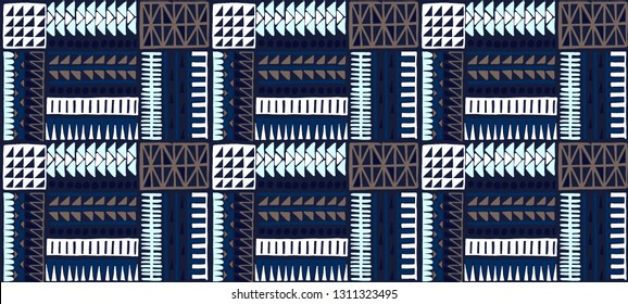 Tribal vector ornament. Seamless African pattern. Ethnic carpet with chevrons. Aztec style. Geometric mosaic on the tile, majolica. Ancient interior. Modern rug. Geo print on textile. Kente Cloth.