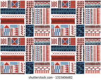 Tribal vector ornament. Seamless African pattern. Ethnic carpet with chevrons. Aztec style. Geometric mosaic on the tile, majolica. Ancient interior. Modern rug. Geo print on textile. Kente Cloth.