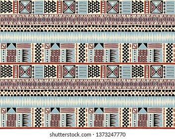 Tribal vector ornament. Seamless African pattern. Ethnic carpet with chevrons. Aztec style. Geometric mosaic on the tile, majolica. Ancient interior. Modern rug. Geo print on textile. Kente Cloth.