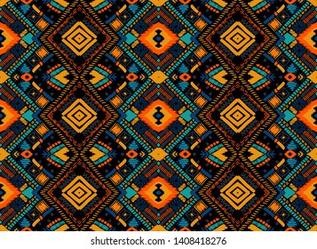 Tribal vector ornament. Seamless African pattern. Ethnic carpet with chevrons. Aztec style. Geometric mosaic on the tile, majolica. Ancient interior. Modern rug. Geo print on textile. Kente Cloth.