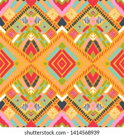 Tribal vector ornament. Seamless African pattern. Ethnic carpet with chevrons. Aztec style. Geometric mosaic on the tile, majolica. Ancient interior. Modern rug. Geo print on textile. Kente Cloth.