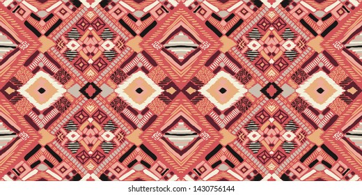 Tribal vector ornament. Seamless African pattern. Ethnic carpet with chevrons. Aztec style. Geometric mosaic on the tile, majolica. Ancient interior. Modern rug. Geo print on textile. Kente Cloth.